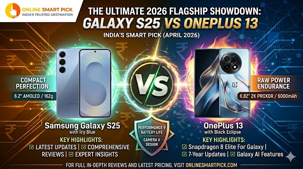 Samsung Galaxy S25, OnePlus 13, Samsung vs OnePlus, Best Phone Under 75000, Best Flagship Phone India 2026, Smartphone Comparison, Samsung Galaxy S25 Review, OnePlus 13 Review, Snapdragon 8 Elite, Best Android Phone 2026, Buy Samsung Galaxy S25 India, Buy OnePlus 13 India